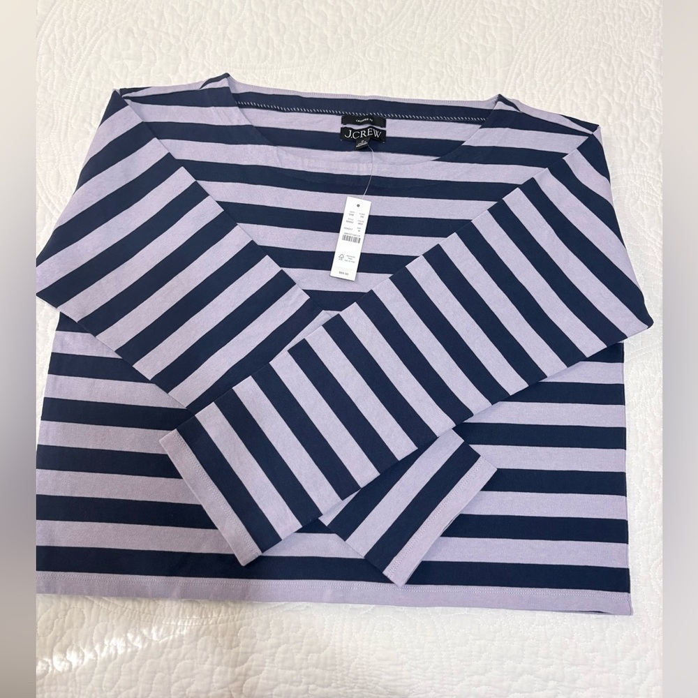 J. Crew Striped Long Sleeve Cropped T-shirt in Navy and Lavender, size M